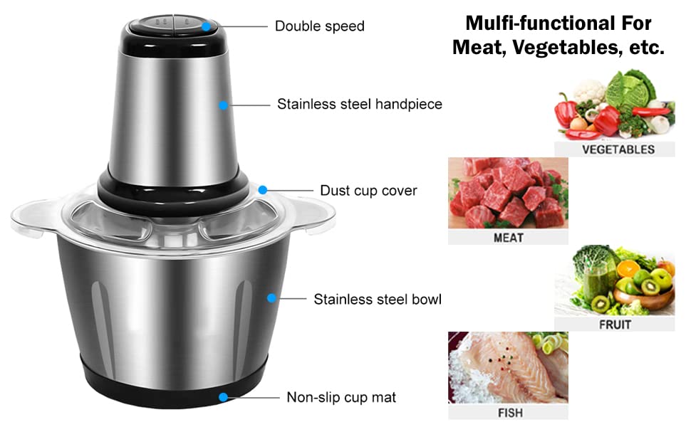 Electric Meat Grinder 2L Stainless Steel Electric Meat Chopper Food Processor Machine For Meat, Vegetables, Fruits and Nuts Fruit Mixer Nuts Grinder Blender Fillings Maker